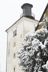 A famous Zagreb landmark, Lotrscak tower, during a winter snowst
