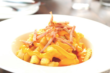 French fries topped with cheese on plate.