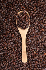 Roasted coffee beans with wooden spoon