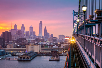Philadelphia under a hazy purple sunset