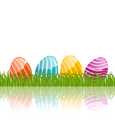 Easter traditional painted eggs in green grass with empty space