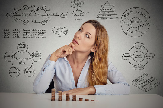 businesswoman calculating risks of new project implementation