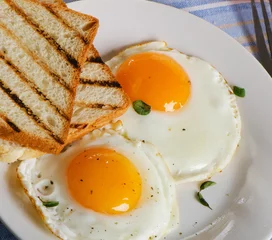 Selbstklebende Fototapete Spiegeleier Two fried eggs and toast for healthy breakfast