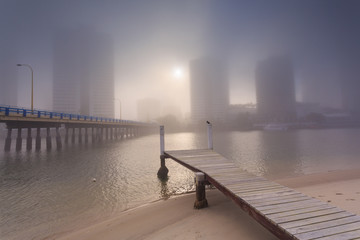 Foggy morning in the centre of big modern Australian city