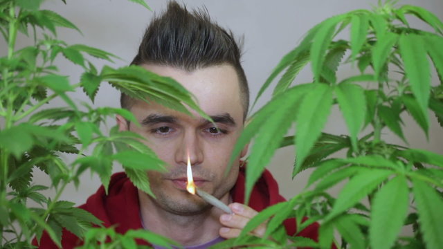 Man lighting and smoking Marijuana joint
