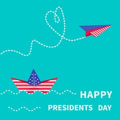 Presidents Day background Paper boat  paperplane Dash line.