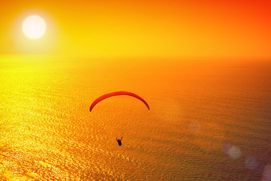 Silhouette of paraglider soaring over sea at sunset