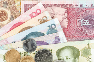 Chinese or Yuan banknotes money and coins from China's currency,