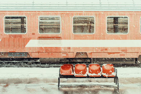 Vintage Effect Of Train Car During Heavy Snowfall