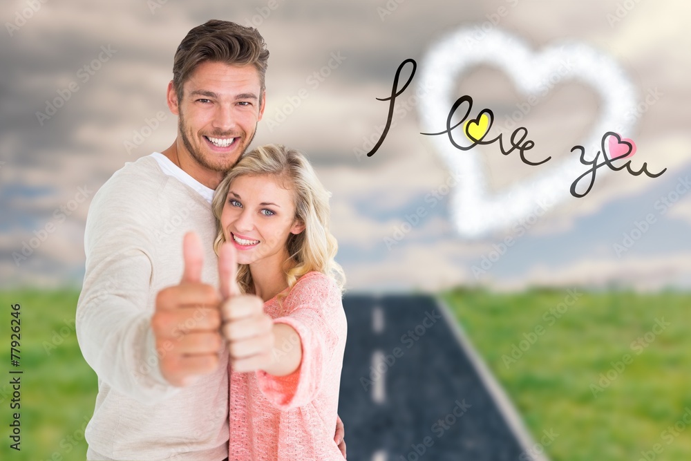 Poster composite image of attractive couple showing thumbs up to camera