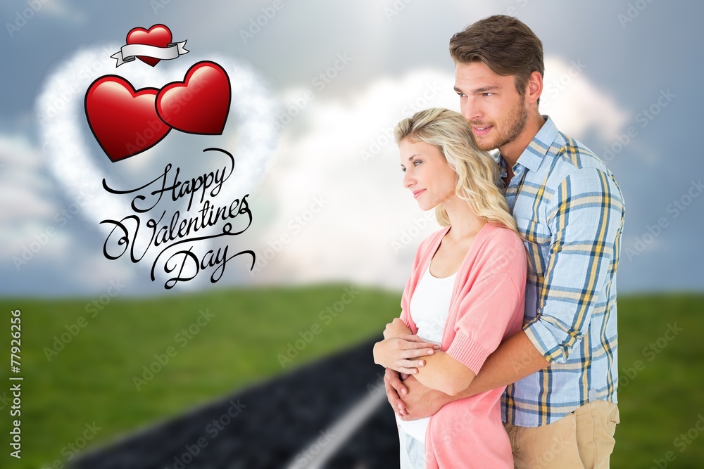 Poster composite image of attractive couple embracing and smiling