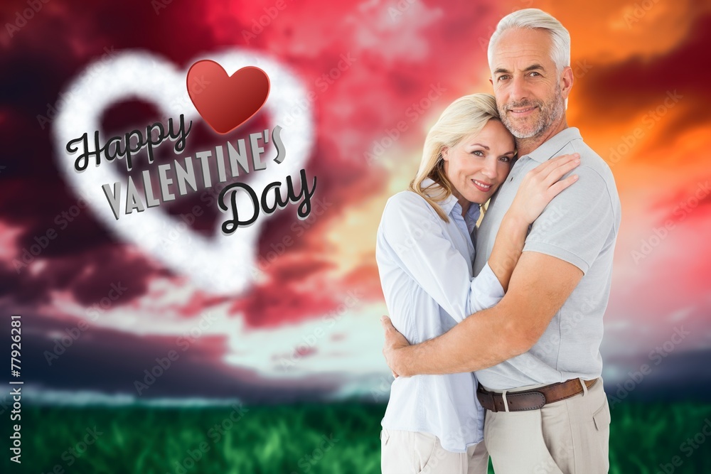 Poster composite image of happy couple standing and smiling at camera