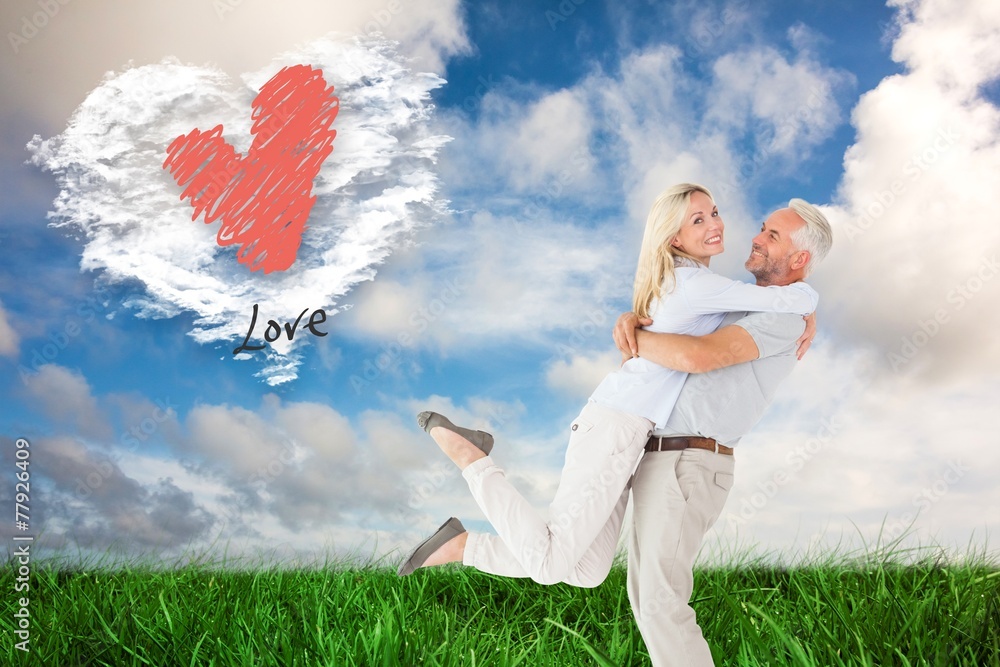 Poster Composite image of man picking up his partner while hugging here