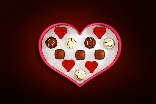 Composite image of heart shaped box of candy