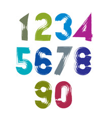 Calligraphic numbers drawn with ink brush, colorful vector numbe