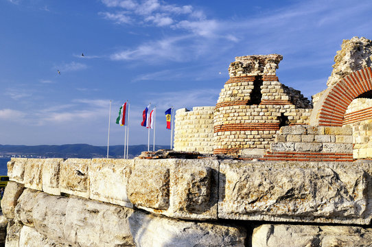 Part of ancient city wall in the city of Nesebar in Bulgaria