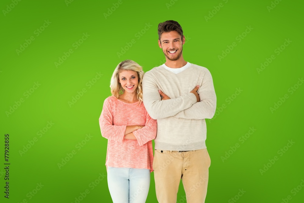 Poster composite image of attractive couple smiling with arms crossed
