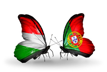 Two butterflies with flags Hungary and Portugal