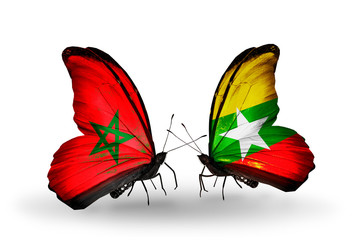 Two butterflies with flags Morocco and Myanmar