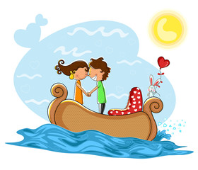 Love couple kissng in boat