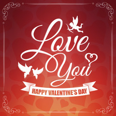 Valentine's Day card with lettering, cupid and doves