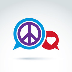 Round antiwar and love vector icons, speech bubbles with peace a