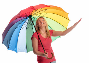 Frau mit Regenschirm prüft das Wetter