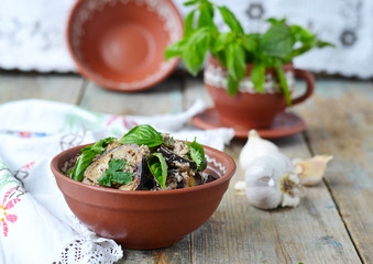 Satsivi - eggplants in peanut sauce. Traditional georgian cuisin