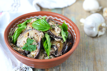 Satsivi - eggplants in peanut sauce. Traditional georgian cuisin