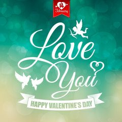 Valentine's Day card with lettering, cupid and doves.