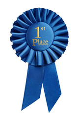 First place award, rosette isolated on white background
