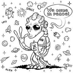 Alien space invader welcomes you. Hand drawn