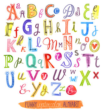 Funny watercolor vector alphabet