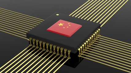 Fototapeta premium Computer CPU with Chinese flag isolated on black background