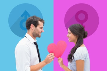 Composite image of pretty brunette giving boyfriend her heart