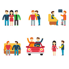 Friends and friendly relationship flat line icons set with