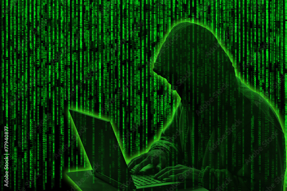 Poster conceptual image of a hacker on green matrix background