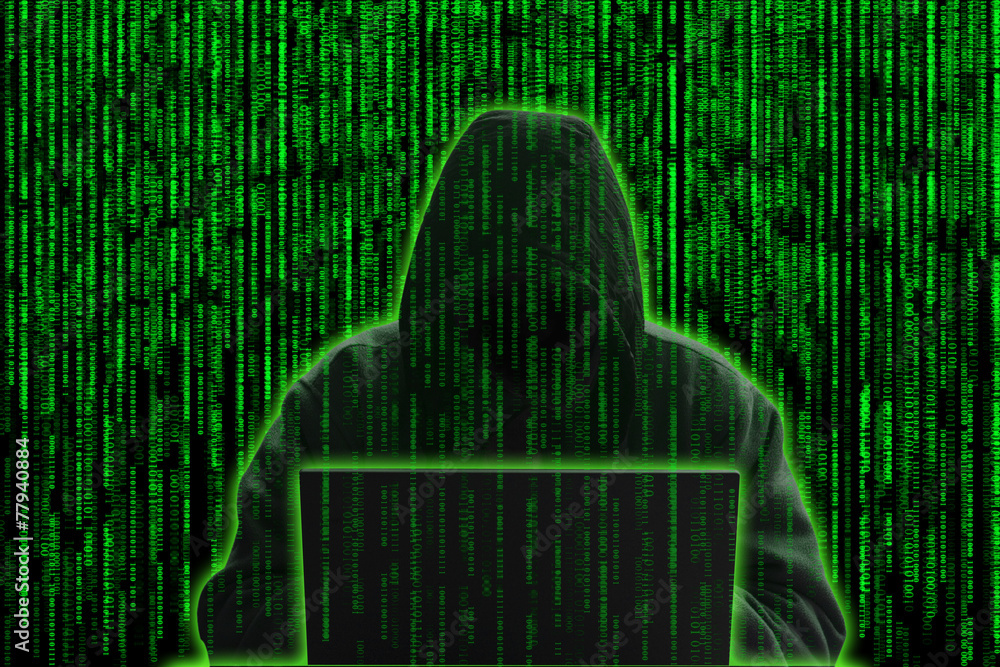 Poster ceptual image of a hacker on matrix background