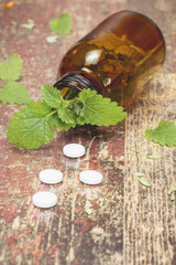 Lemon Balm. Bottle with tablets and herbal on wooden table
