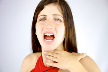 Beautiful woman having voice problem