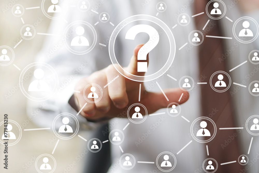 Poster businessman touch button sign interface question web icon