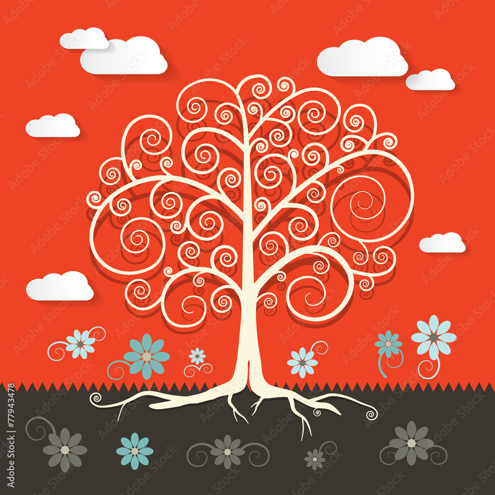 Poster abstract retro flat design tree with clouds and flowers