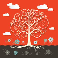 Abstract Retro Flat Design Tree with Clouds and Flowers