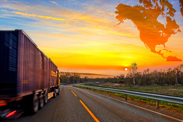 Truck on road and North America map background - travel concept
