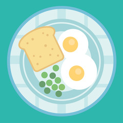 Breakfast Poster. Fried eggs and sausage on pan. vector