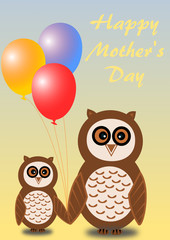 2 Eulen, Mutter und Kind, Luftballons und Muttagsgrüße englisch