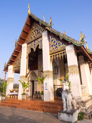Church of Thai art temple in Nan under blue sky
