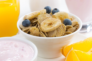 healthy breakfast - cereals, dairy products, fruit and juice