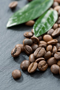 roasted coffee beans and leaves on a dark background