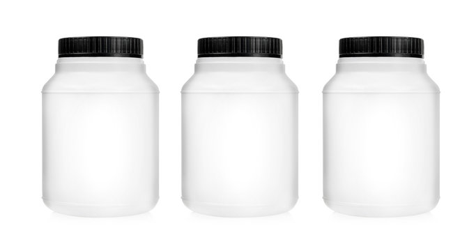 Three plastic jars arranged in row isolated